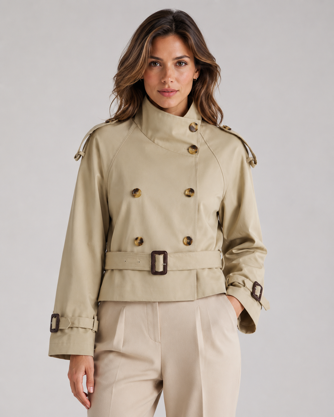 Cappotto Trench Corto con Collo Alto