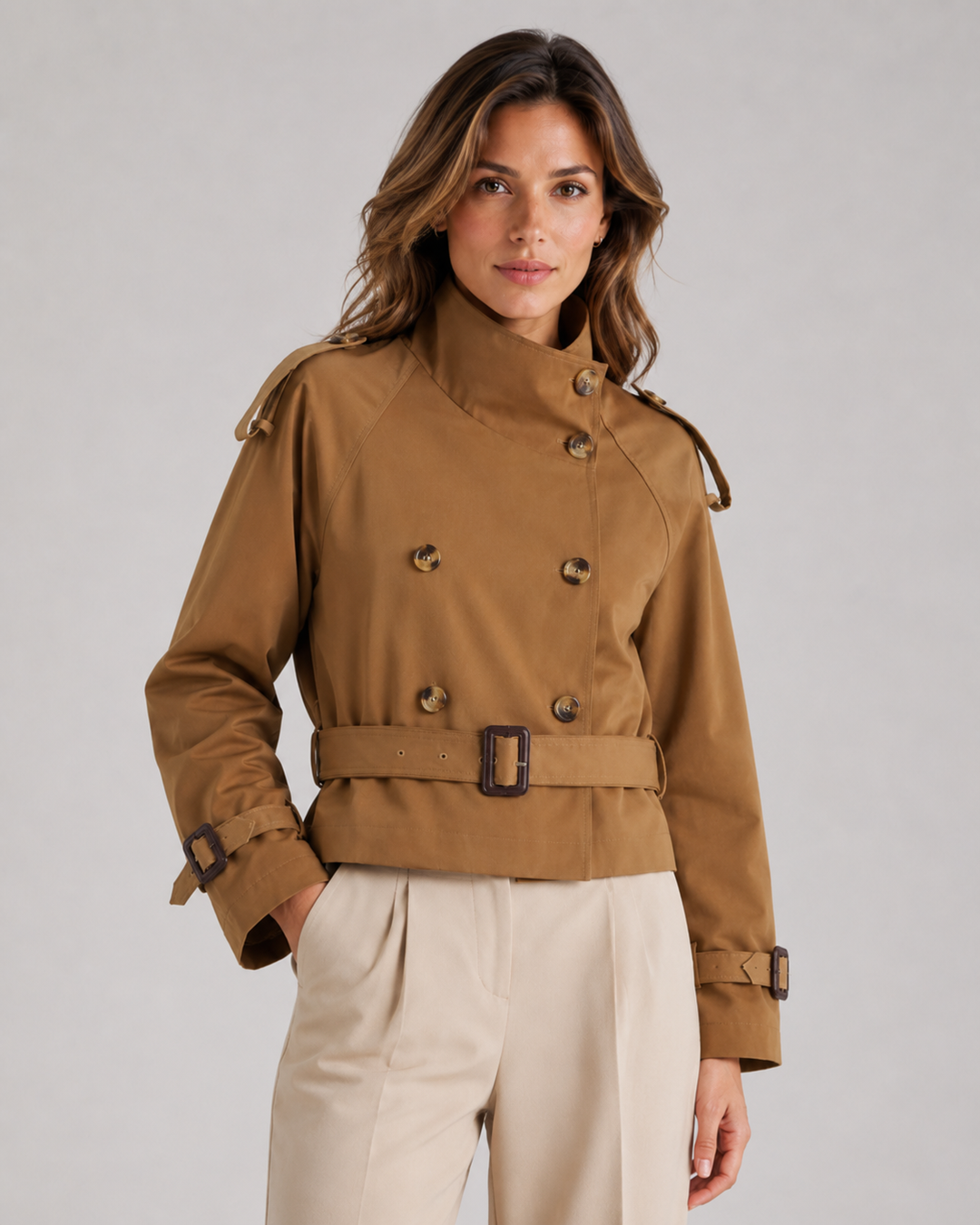 Cappotto Trench Corto con Collo Alto