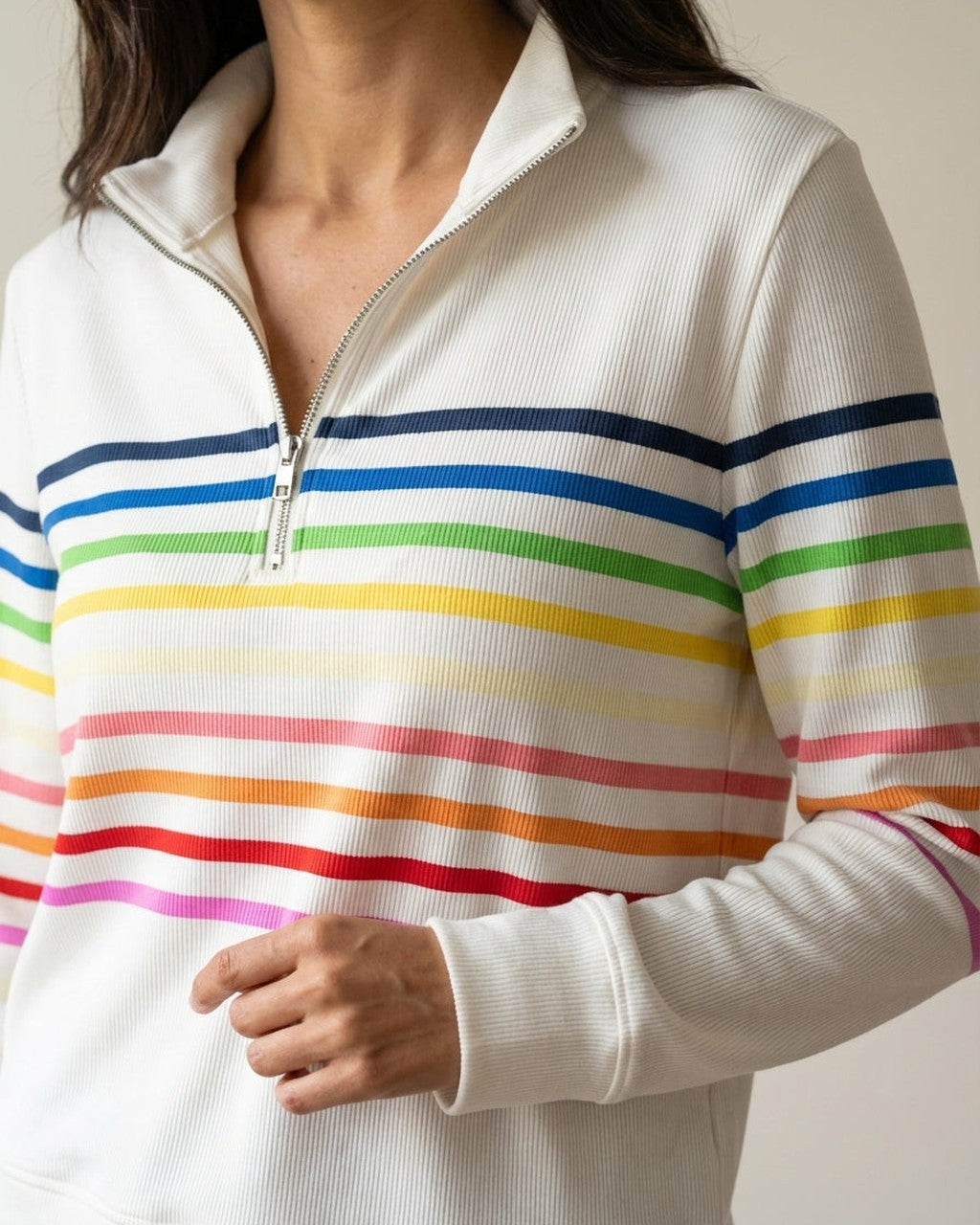 Felpa a Righe con Mezza Zip
