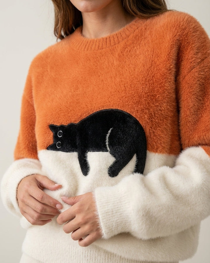 Felpa Morbida con Grafica Gatto