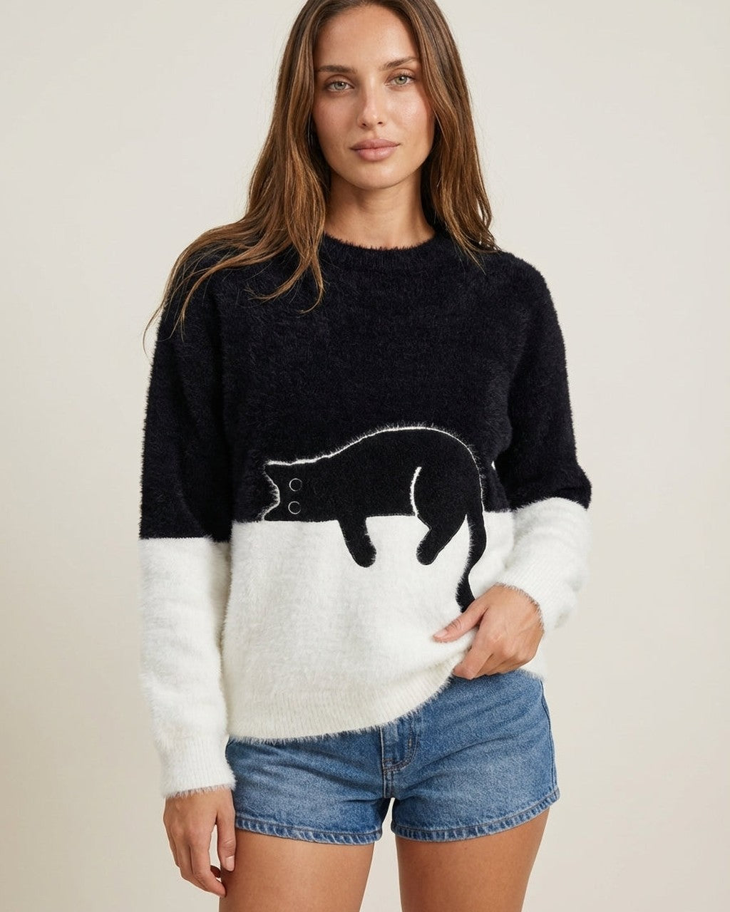 Felpa Morbida con Grafica Gatto