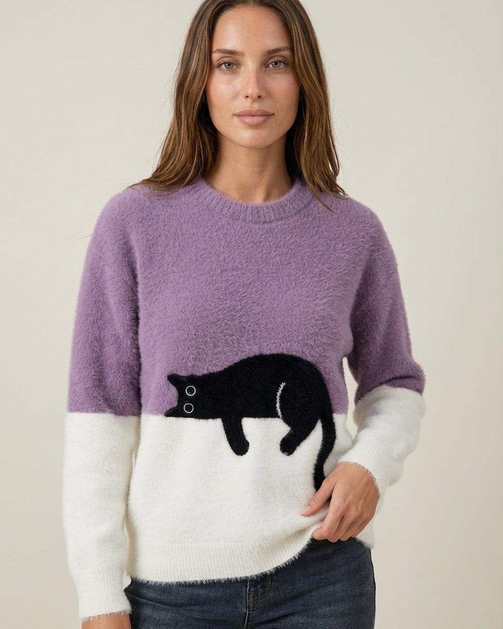 Felpa Morbida con Grafica Gatto