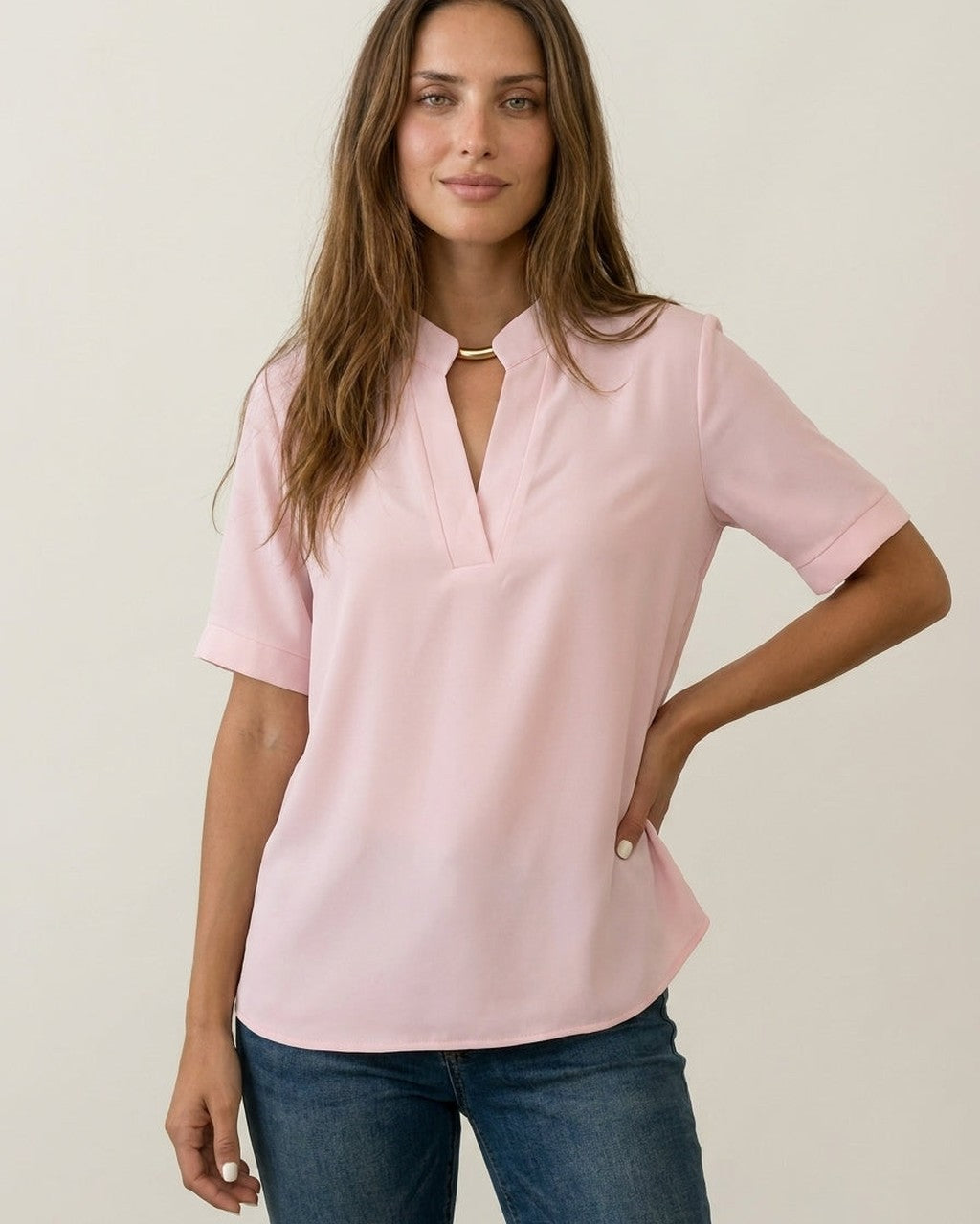 Blusa Fluida con Collo Coreano