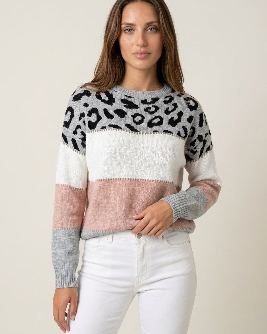 Maglione a Fasce con Motivo Animalier