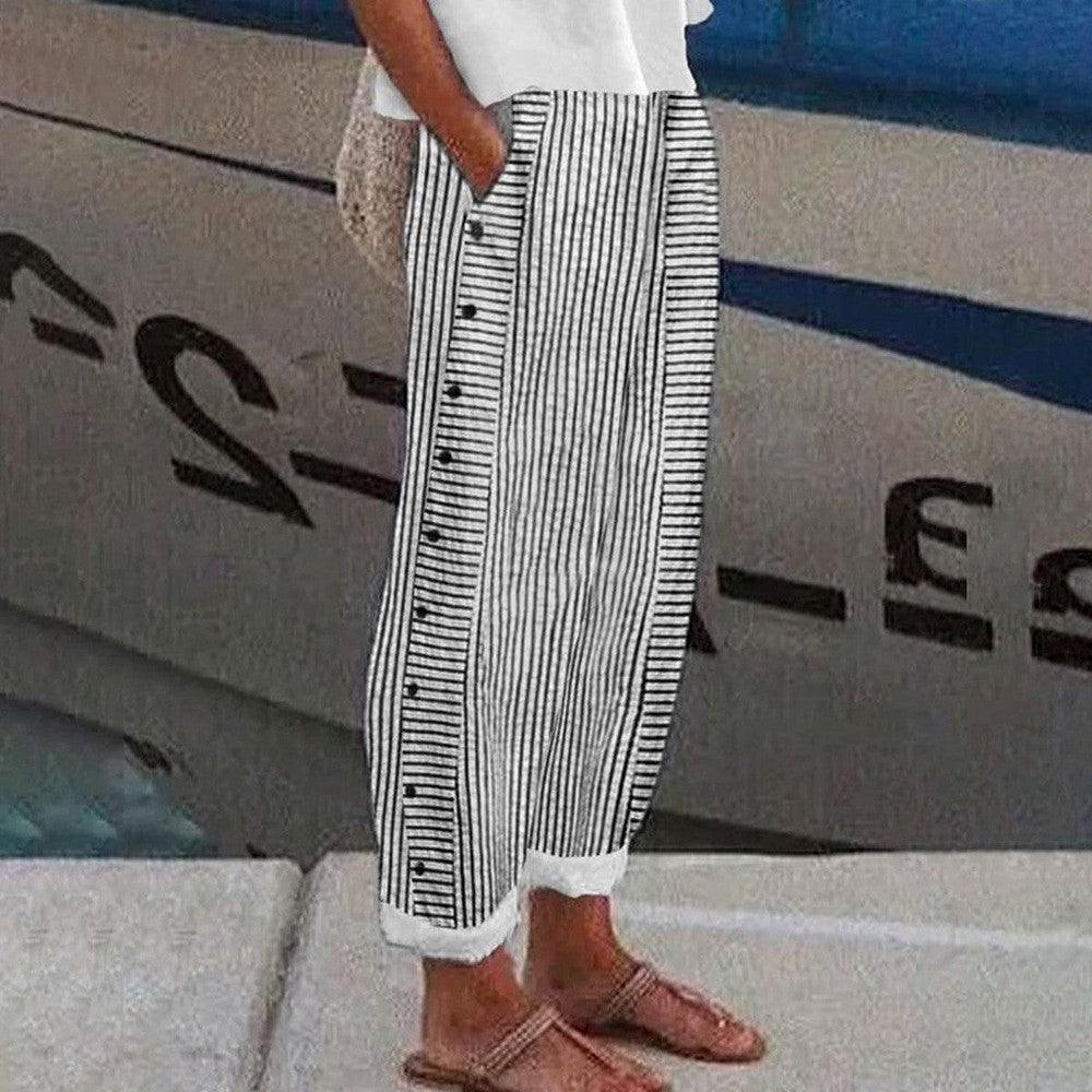 Pantaloni a Righe con Bottoni Laterali