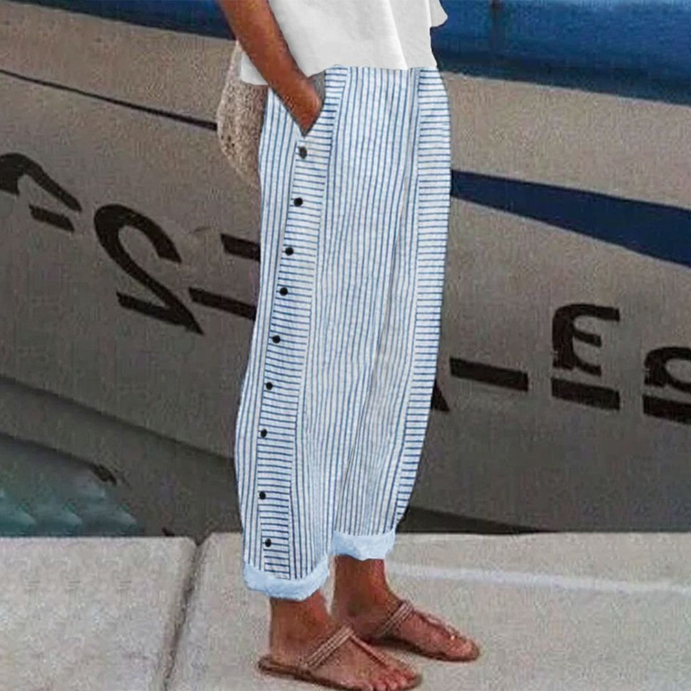 Pantaloni a Righe con Bottoni Laterali