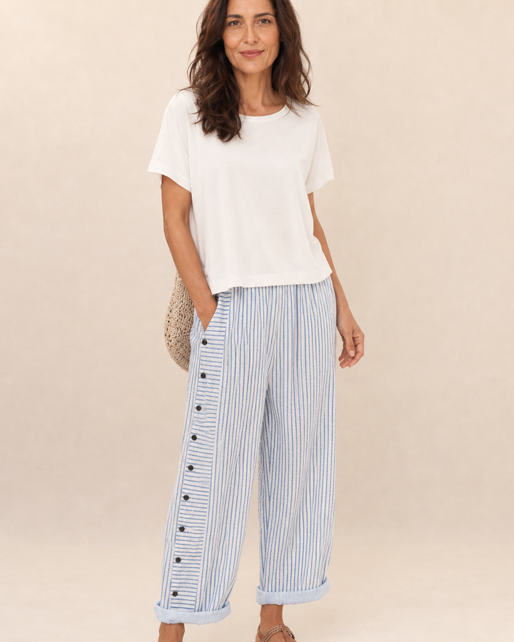 Pantaloni a Righe con Bottoni Laterali