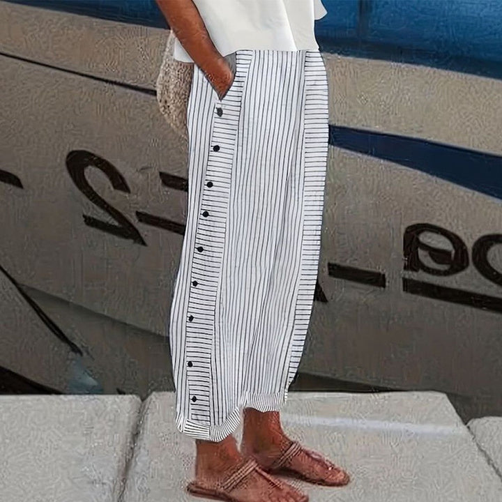 Pantaloni a Righe con Bottoni Laterali