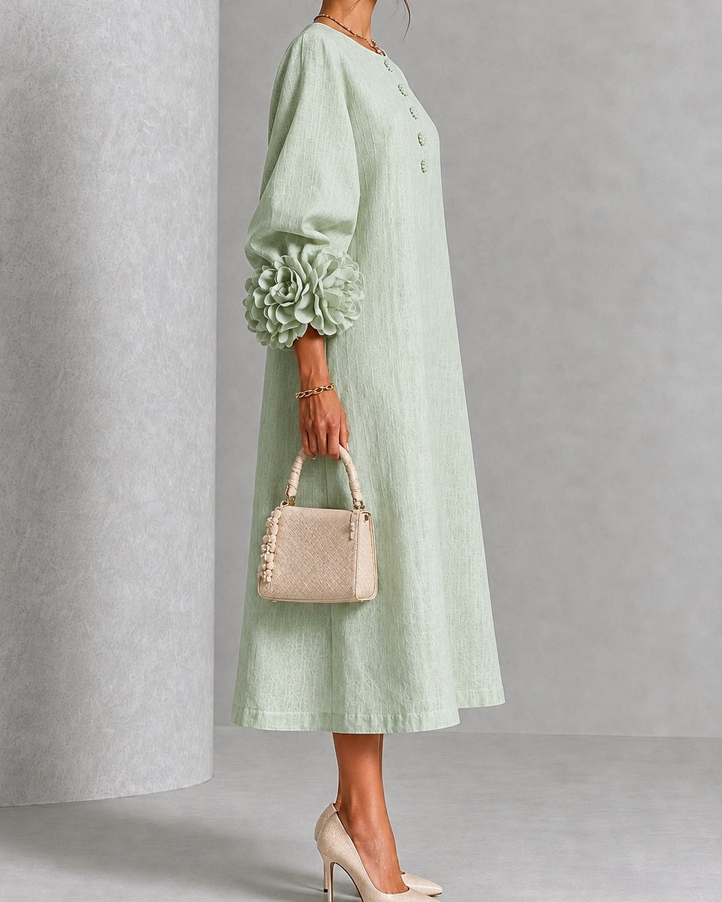 Vestito Midi con Maniche Floreali